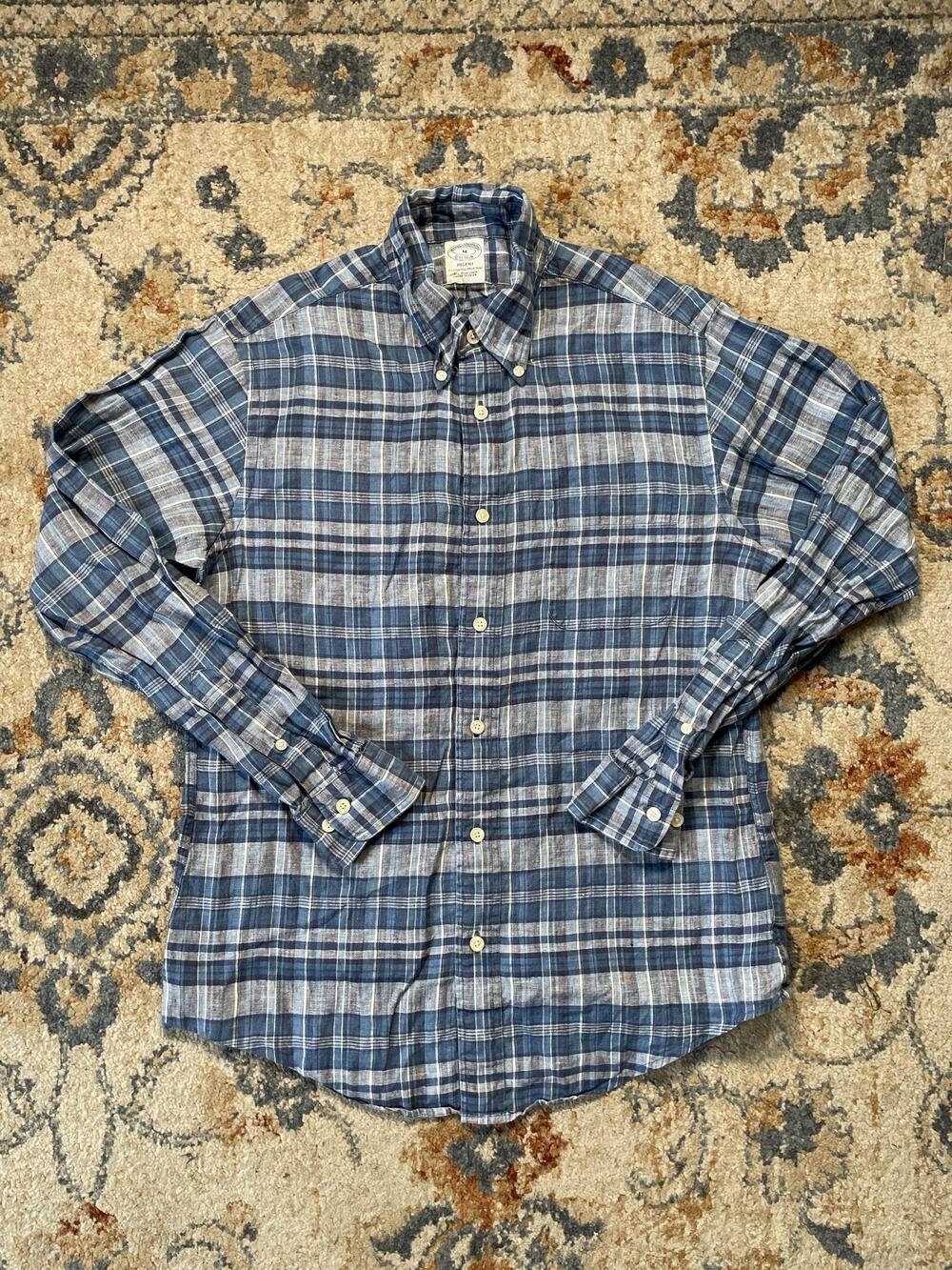 Brooks Brothers Shirt Mens M Blue Plaid Linen Long Sleeve Button Biard Mcnutt